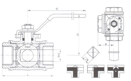 内螺纹三通球阀结构图